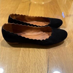Chloe~Black Suede Scalloped Ballet Flats